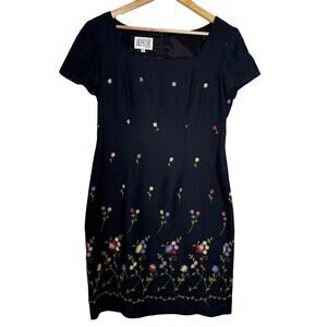 Yves Cossette‎ Depeche Dress Womens 8 Black Embroidered Floral Shift Career Work